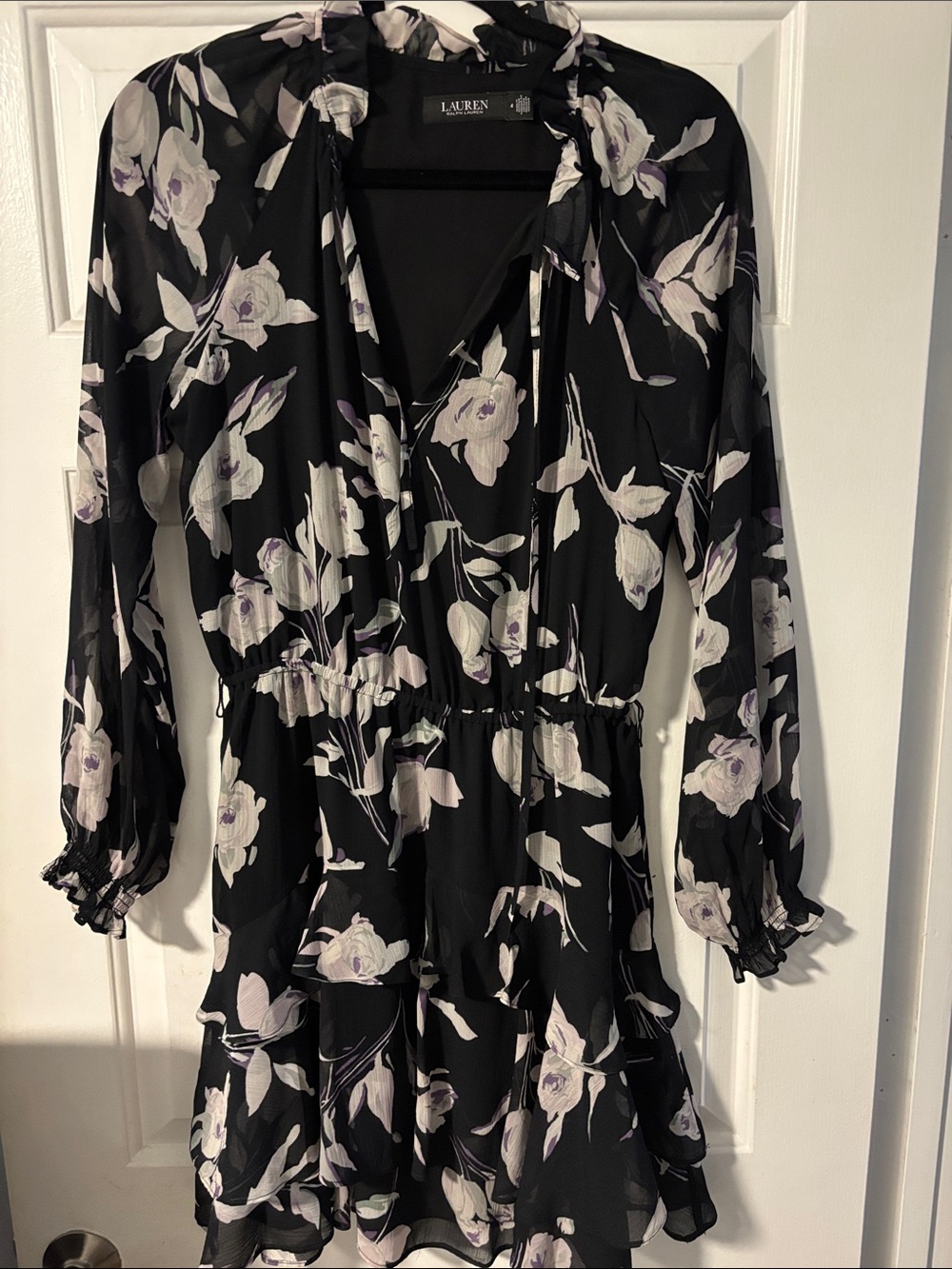 LAUREN Ralph Lauren Black Floral Long-Sleeve Tiered Dress with Lilac Accents